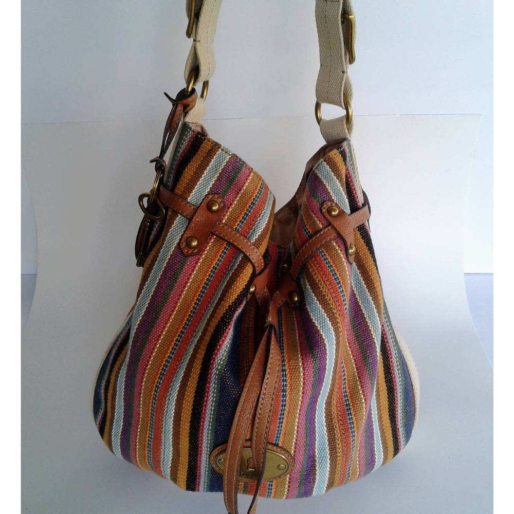 Fossil  Striped Women's Brown Canvas Shoulder Bag Leather Accents Handbag Medium - Picture 7 of 12